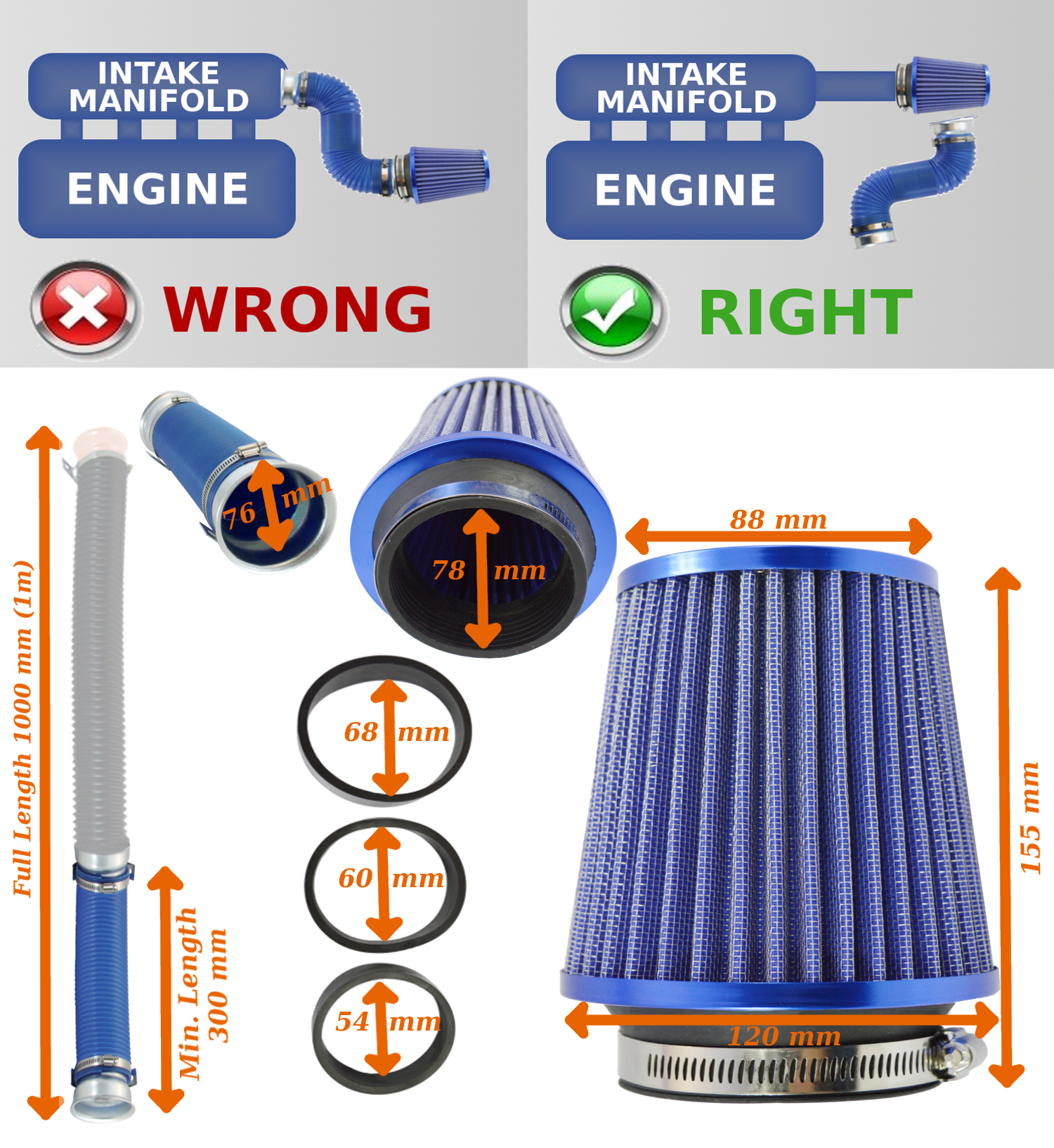 UNIVERSAL PERFORMANCE COLD AIR FEED PIPE/AIR FILTER KIT BLUE 2101EBDAI