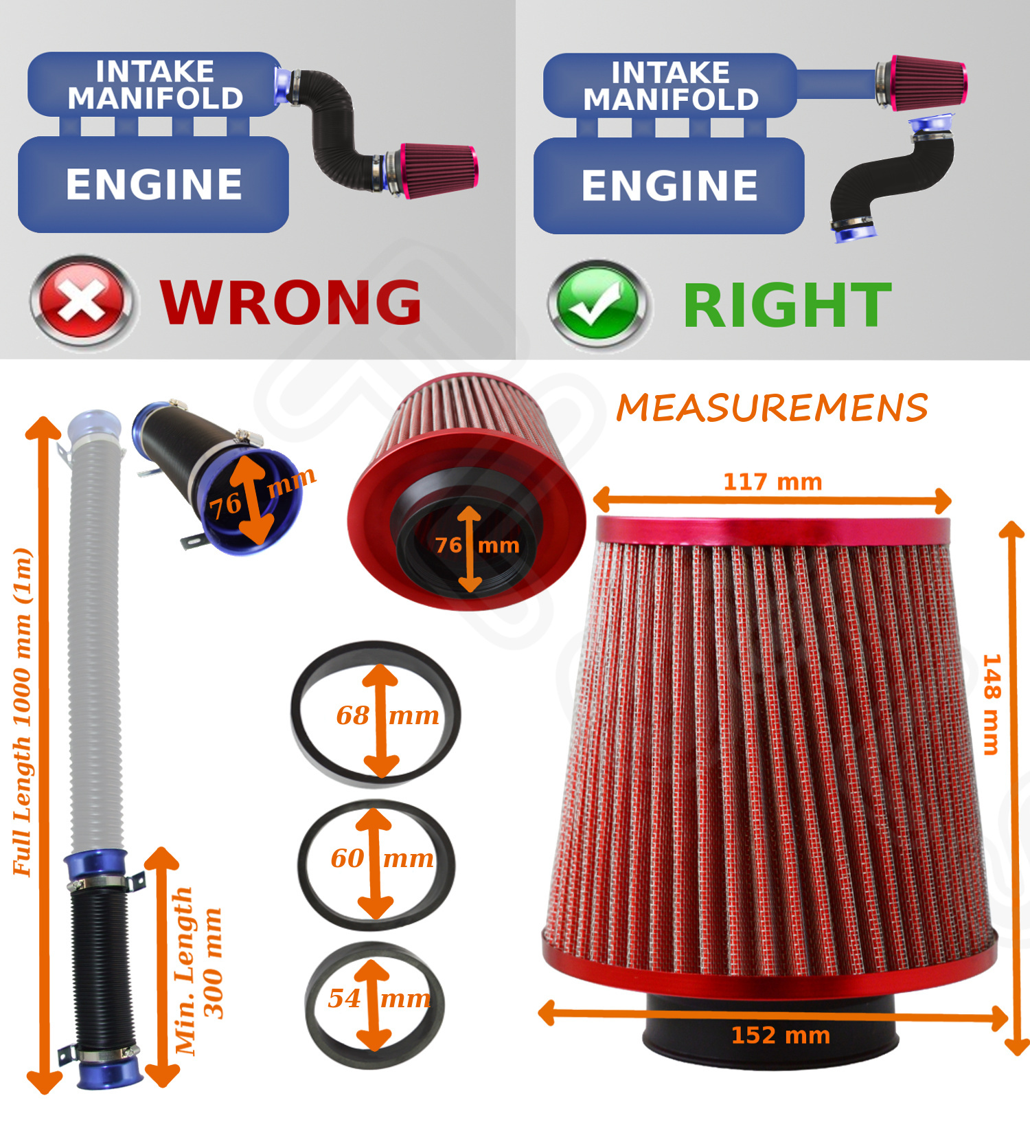 K&N TYPE UNIVERSAL PERFORMANCE COLD AIR FEED PIPE/AIR FILTER KIT