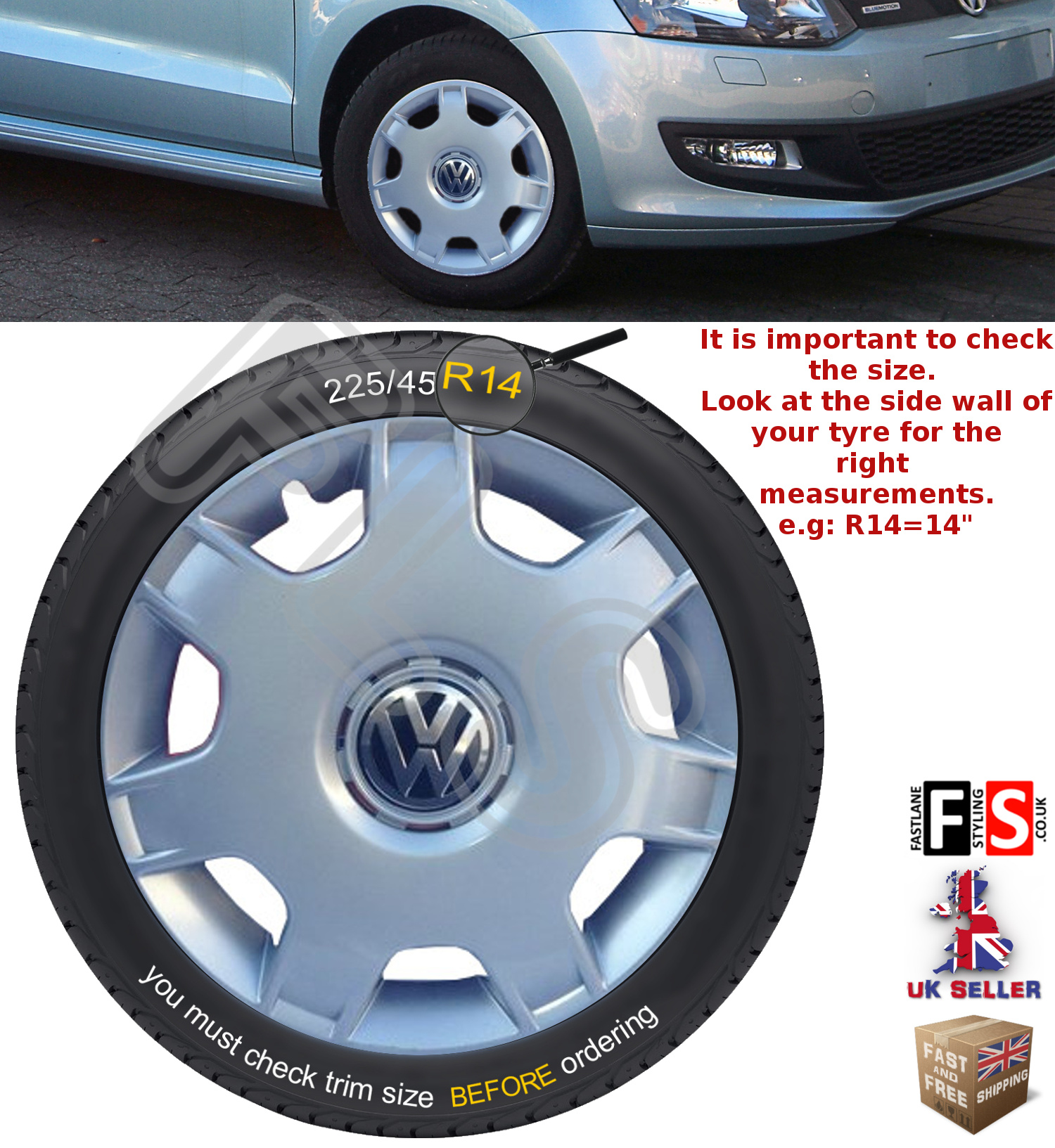 VW POLO 14" WHEEL TRIMS HUB CAPS COVERS BRAND NEW A SET OF 4 DL6023 14
