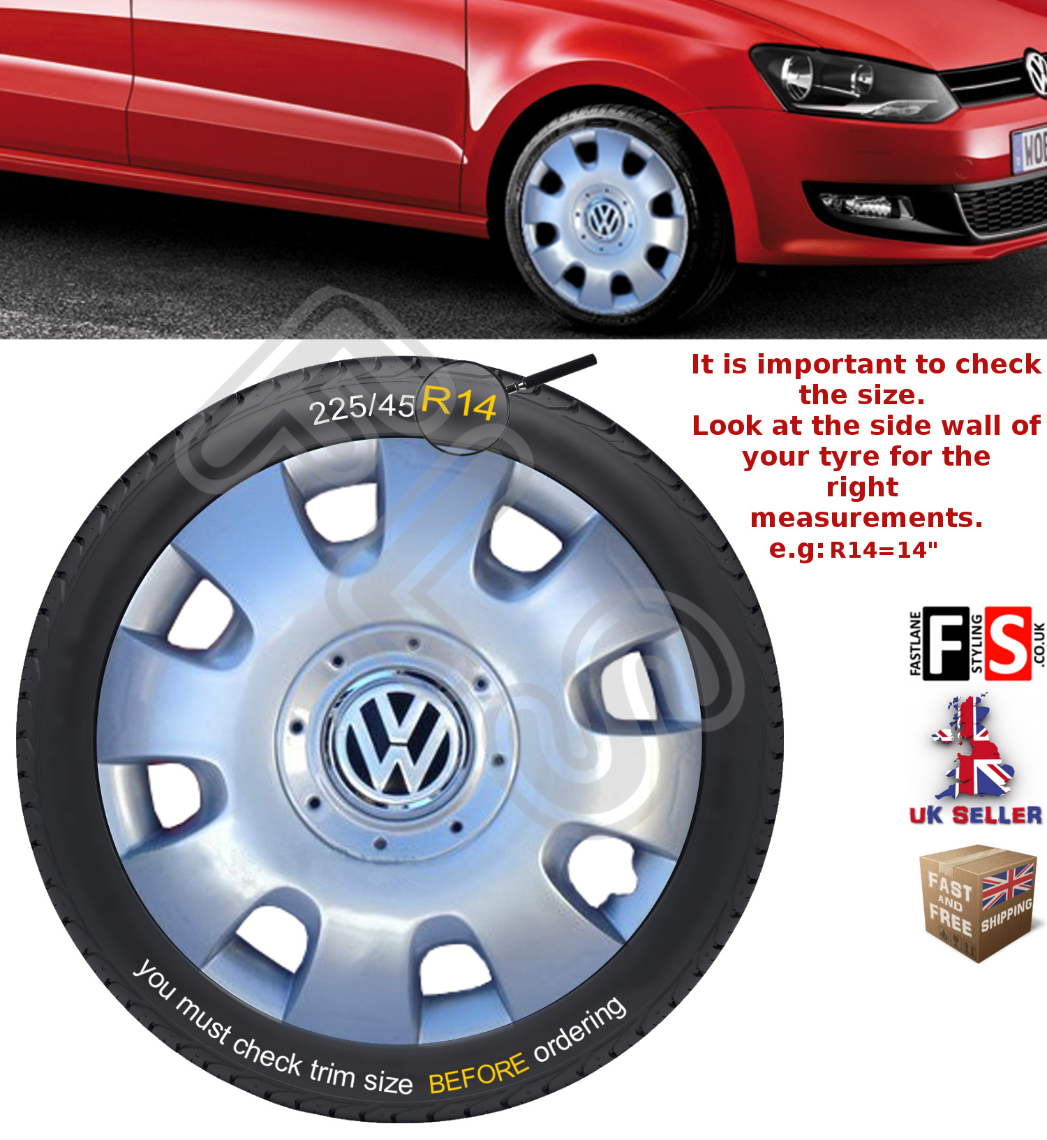 VW POLO 14" WHEEL TRIMS TRIM HUB CAPS BRAND NEW A SET OF 4 DL6054 14