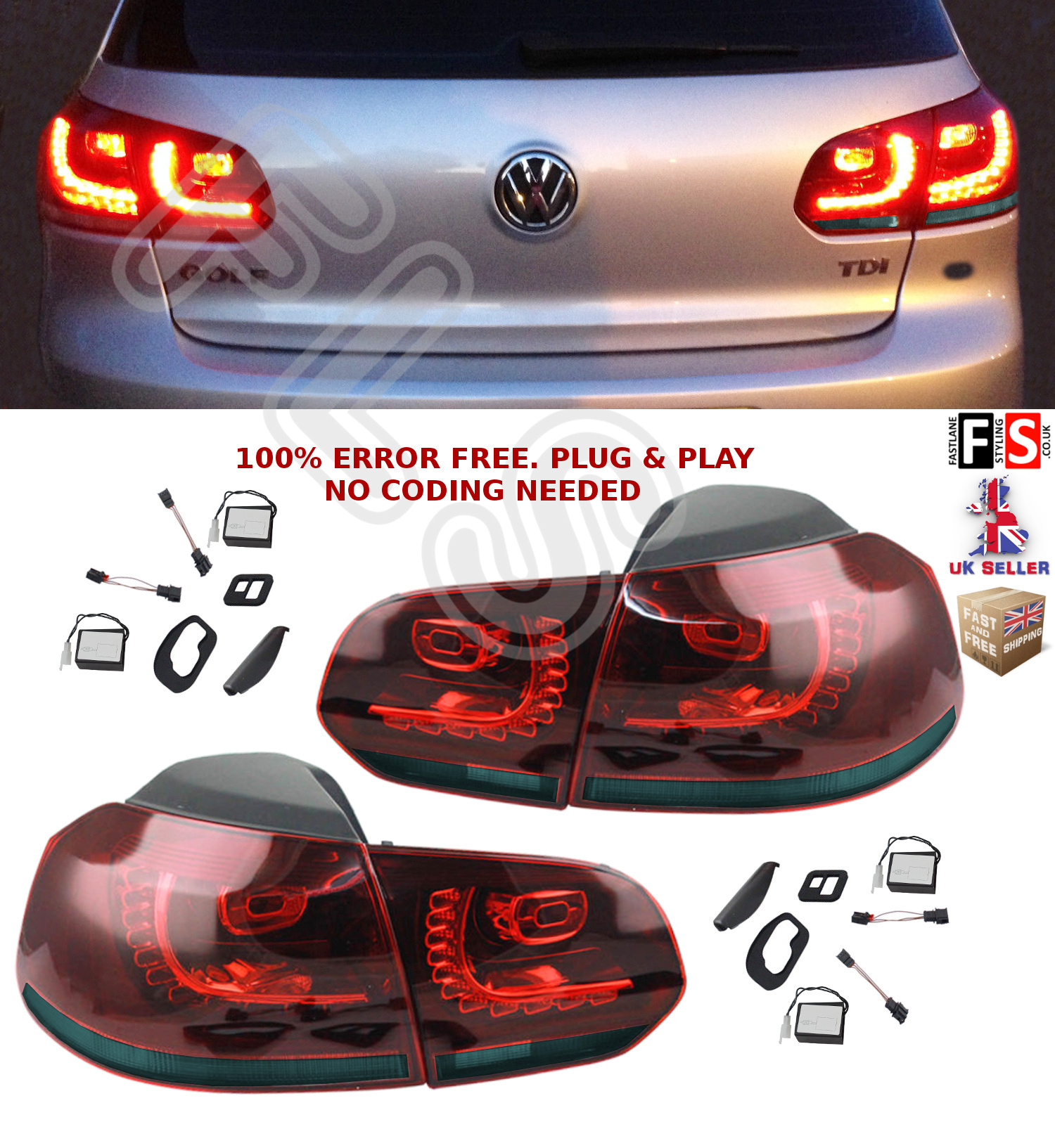 VW GOLF MK6 GTD GTI R20 LED REAR LIGHTS GOLF TAIL LIGHTS RHD RED SMOKE