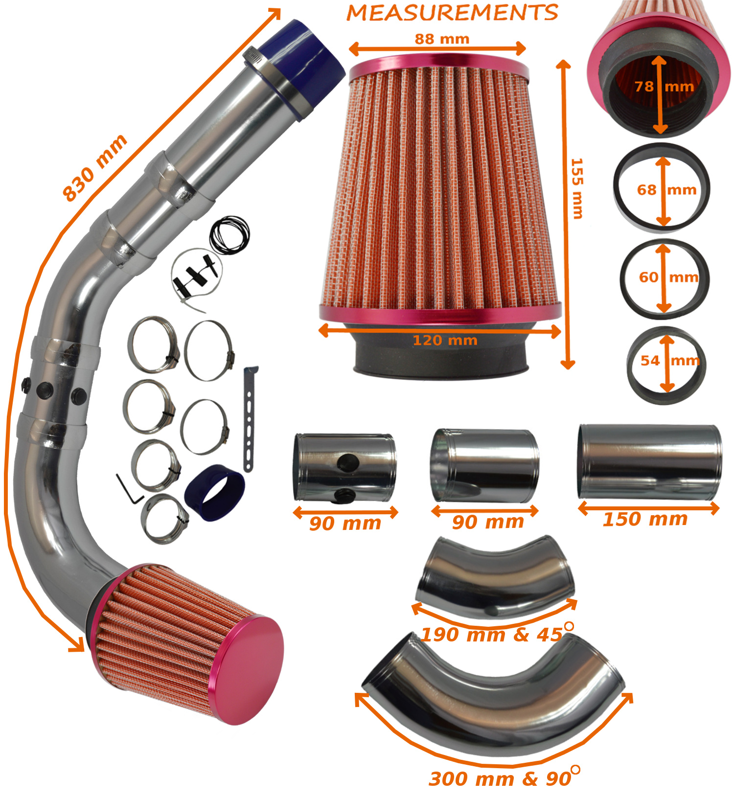 K&N TYPE UNIVERSAL PERFORMANCE COLD AIR FEED INDUCTION INTAKE KIT