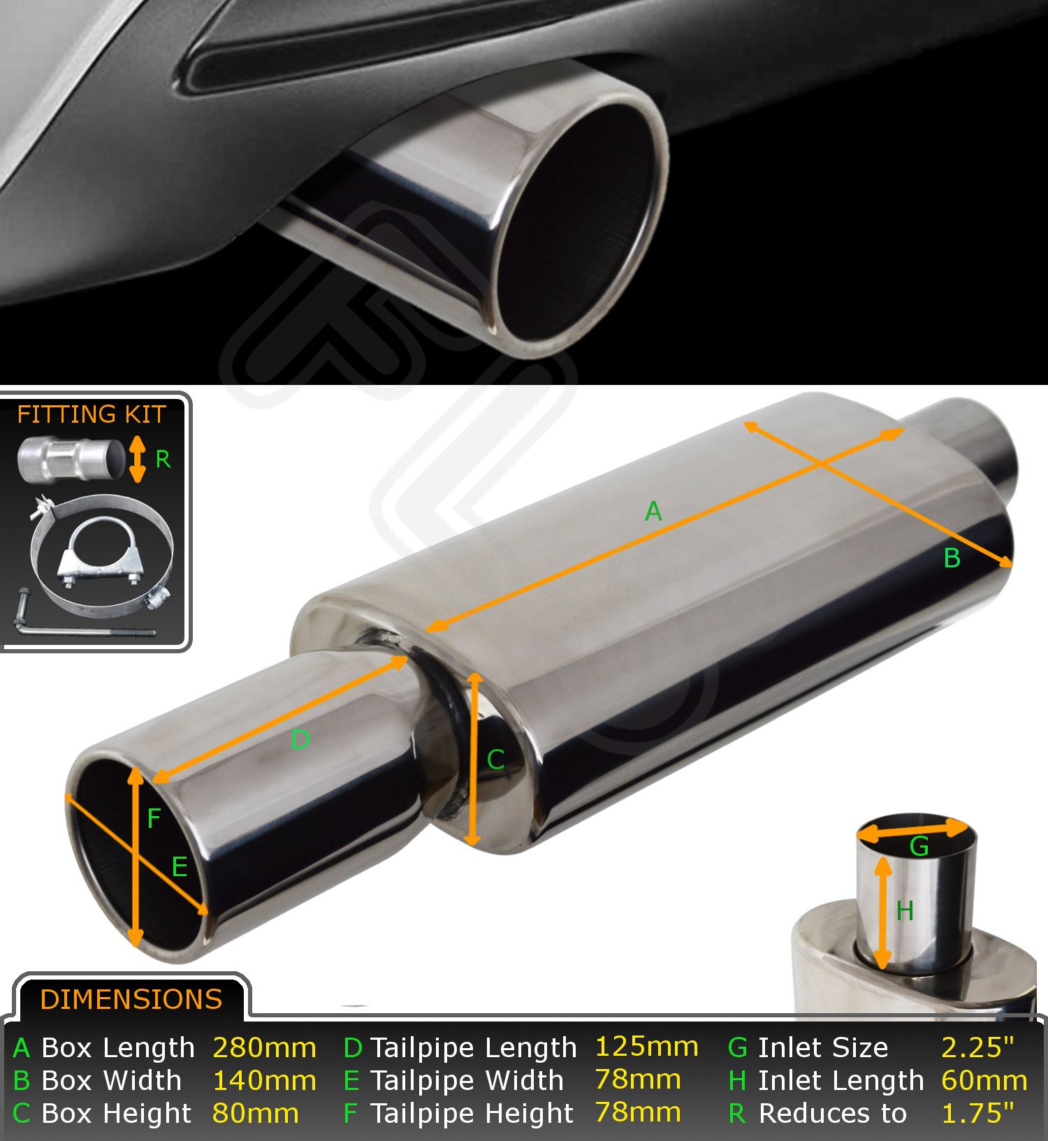 UNIVERSAL PERFORMANCE FREE FLOW STAINLESS EXHAUST BACKBOX BOXNO2BEE2