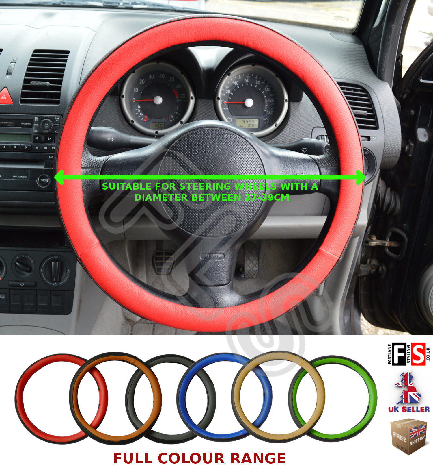 BLACK & RED UNIVERSAL STEERING WHEEL COVER FAUX LEATHER 3739 CM 1001