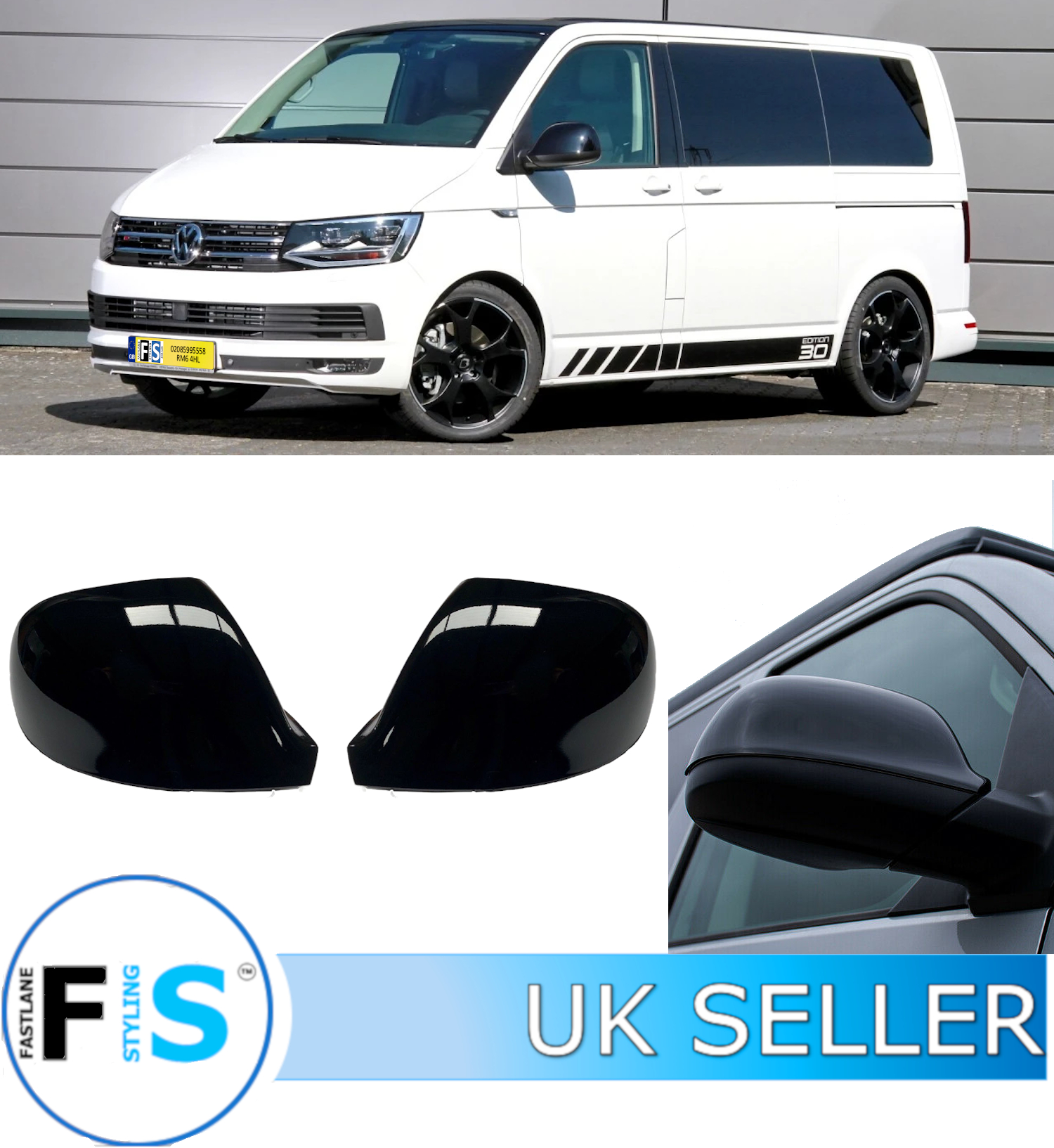 VW TRANSPORTER T6 2015+ GLOSS BLACK SIDE WING MIRROR COVERS PROTECTOR